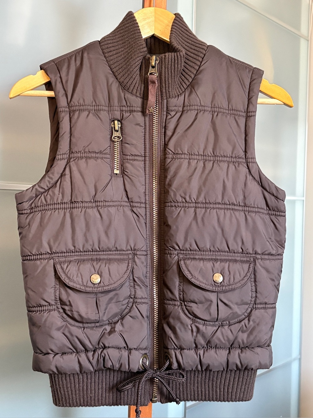GARAGE Chocolate Brown Puffer Vest Ribbed Trim Size Small